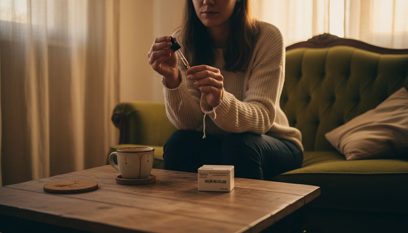 Mujer aplicándose aceite de CBD en la comodidad de su hogar