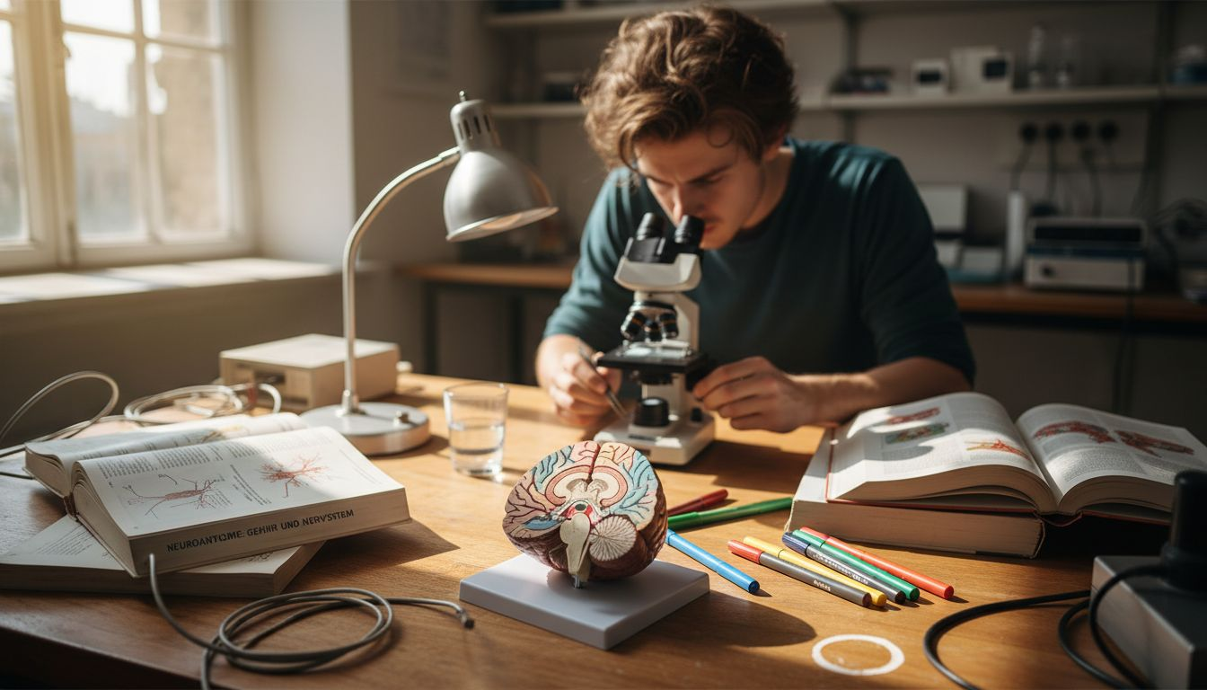 Auf dem Labortisch liegen ein Gehirnmodell und verschiedene Forschungsinstrumente bereit.