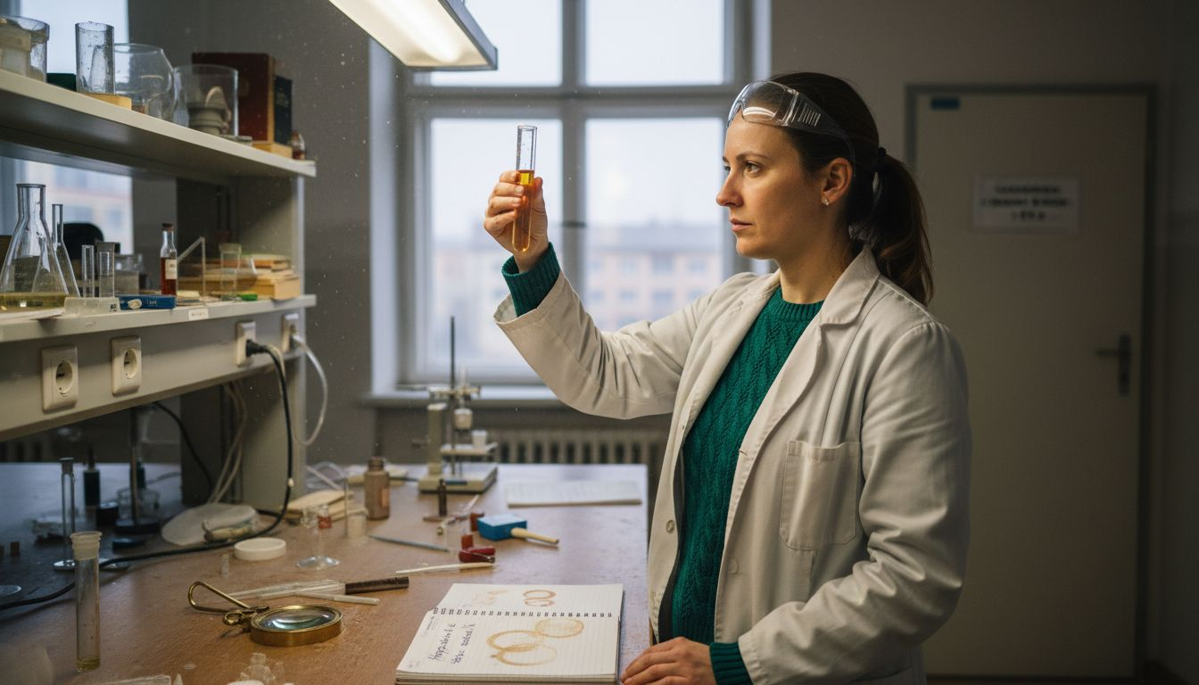 Vědec zkoumá olej s obsahem CBC v laboratoři.