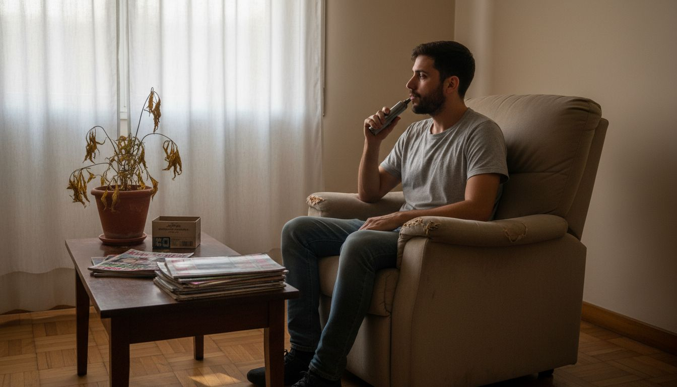 Un chico disfruta de un vapeador de cannabis mientras está relajado en el salón.
