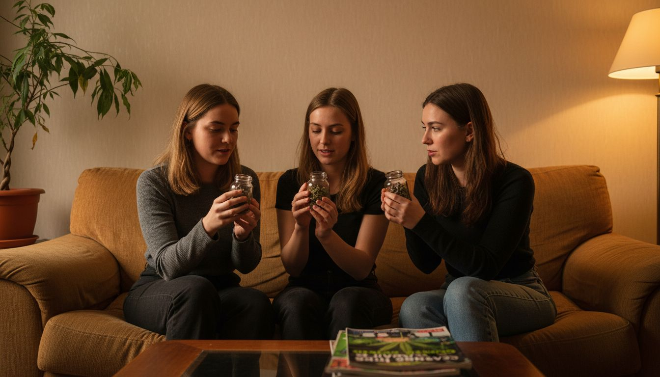 Ein paar Freunde sitzen zusammen und tauschen sich bei verschiedenen Proben über die Wirkung und Unterschiede von Cannabinoiden aus.