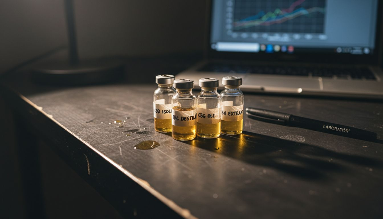 Detailní pohled na lahvičky s extrakty z kanabinoidů