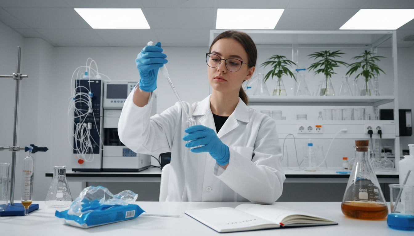 Laborantka právě v laboratoři získává olej s obsahem CBG.