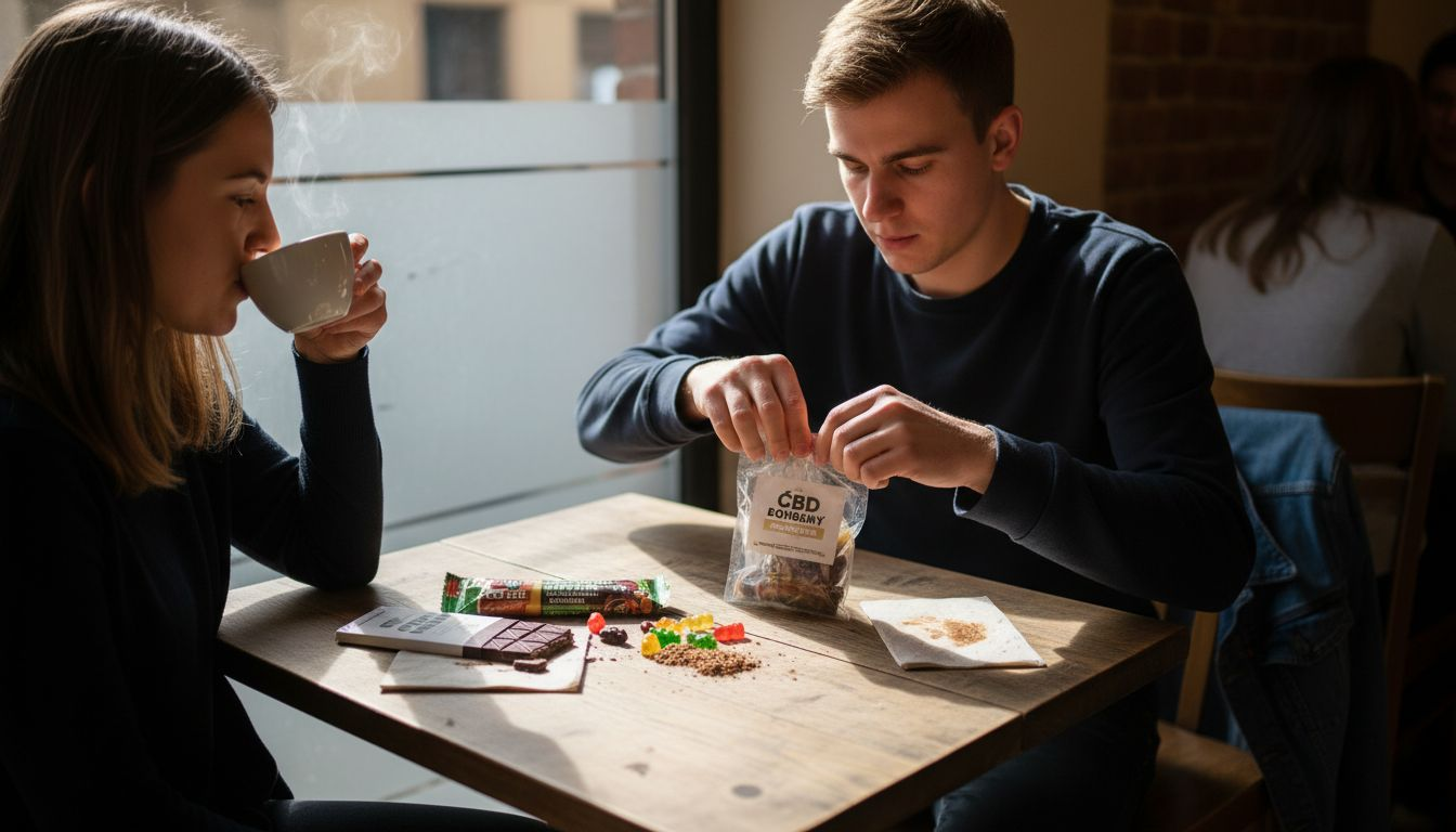 Na stole v mnichovské kavárně leží různé CBD pochoutky, které lákají k ochutnání.