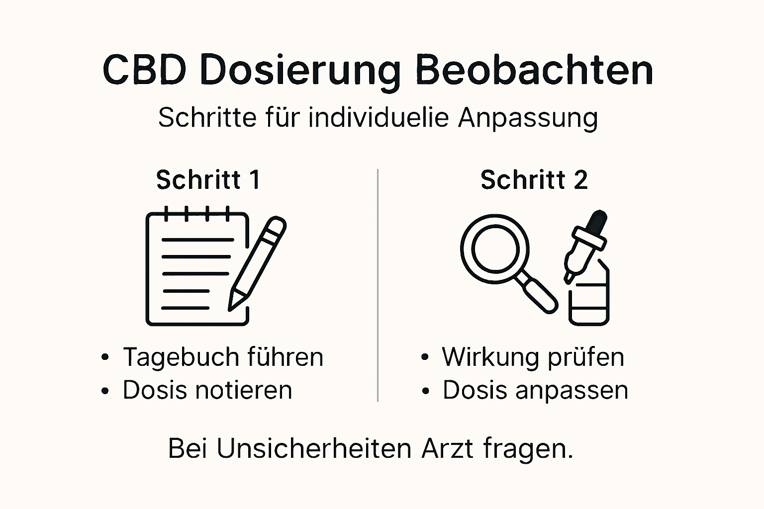 CBD richtig dosieren und sicher anwenden – eine Übersichtsgrafik zur Dosierung und Kontrolle