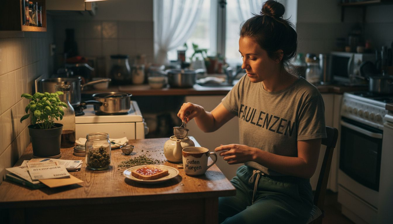 Eine Frau bereitet Tee zu und hat dabei Cannabis griffbereit.
