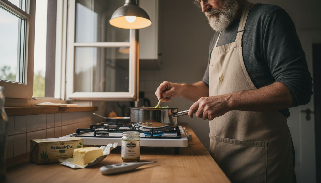 A man is preparing cannabutter on the stove, stirring it carefully.