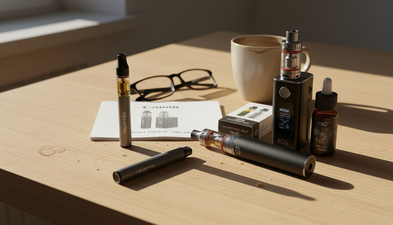 Na stole leží nekolik různých CBD vaporizérů.