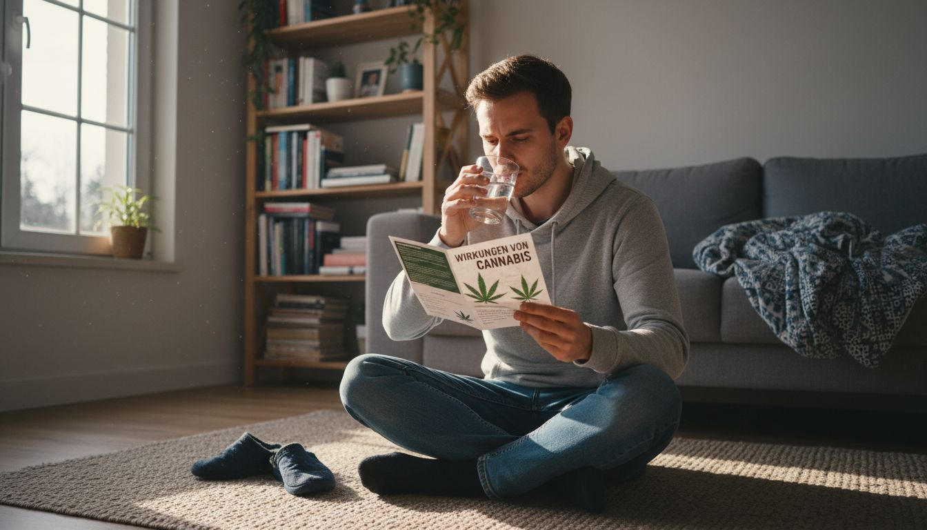Ein Mann sitzt auf dem Teppich und liest neugierig über die Wirkung von Edibles.
