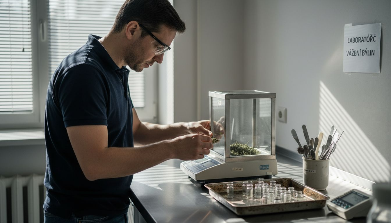 Odborník připravuje vzorky konopí na analýzu pomocí chromatografie.