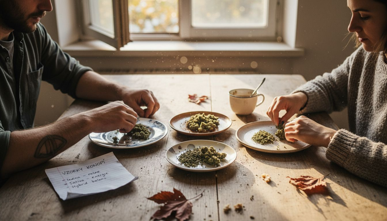 U stolu sedí skupina lidí a porovnává různé druhy produktů s kanabinoidy – zkoumají obaly, diskutují o účincích a sdílejí své zkušenosti.