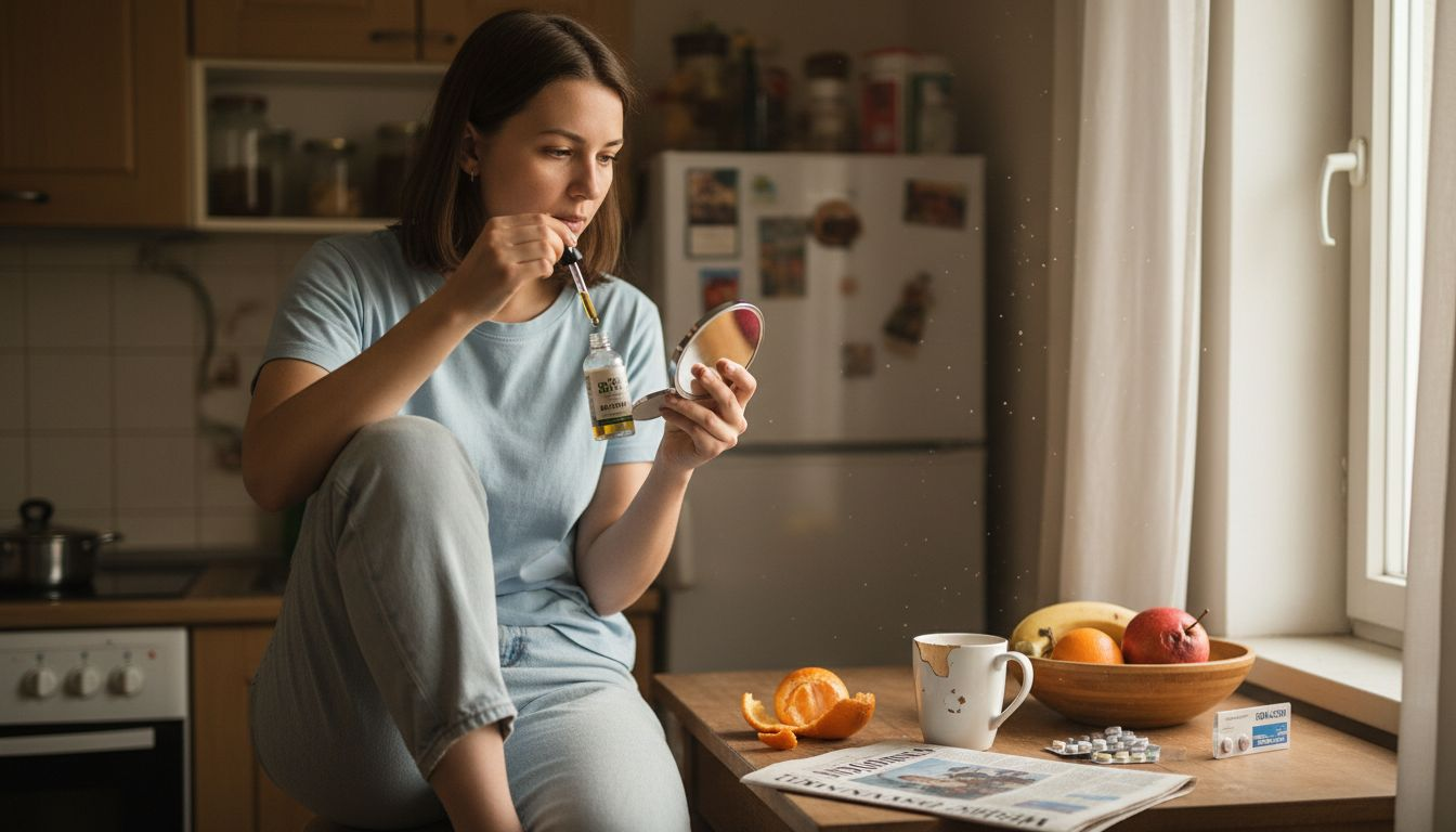 Žena si v kuchyni nakapává CBD olej pod jazyk.