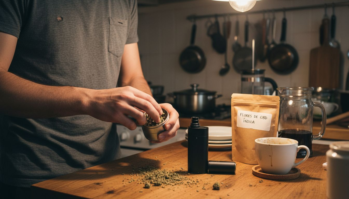Un hombre prepara CBD triturándolo para luego disfrutarlo en su vaporizador.