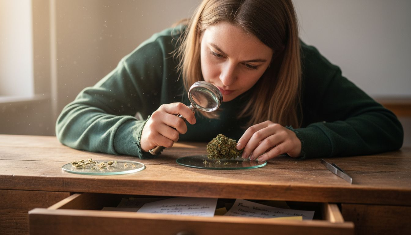 Eine Frau begutachtet eine Cannabisblüte mit einer Lupe.
