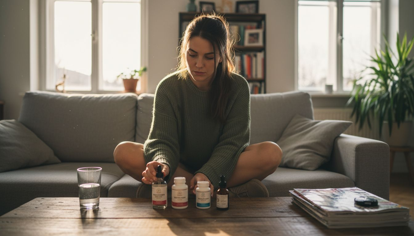 Žena si prohlíží různé druhy CBD produktů a zvažuje, který by jí nejvíce vyhovoval.