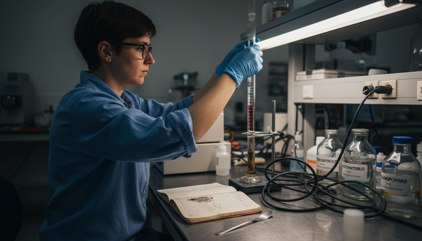 Un ingeniero realiza ajustes en una columna cromatográfica dentro del laboratorio.