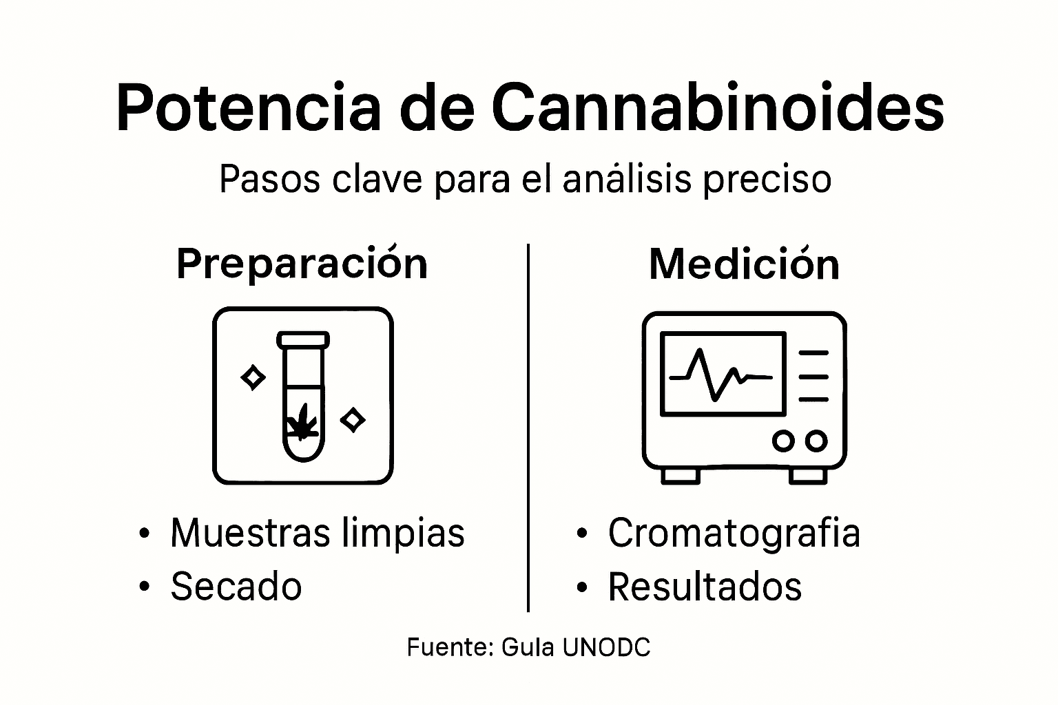 Infografía que explica los pasos esenciales para analizar los cannabinoides