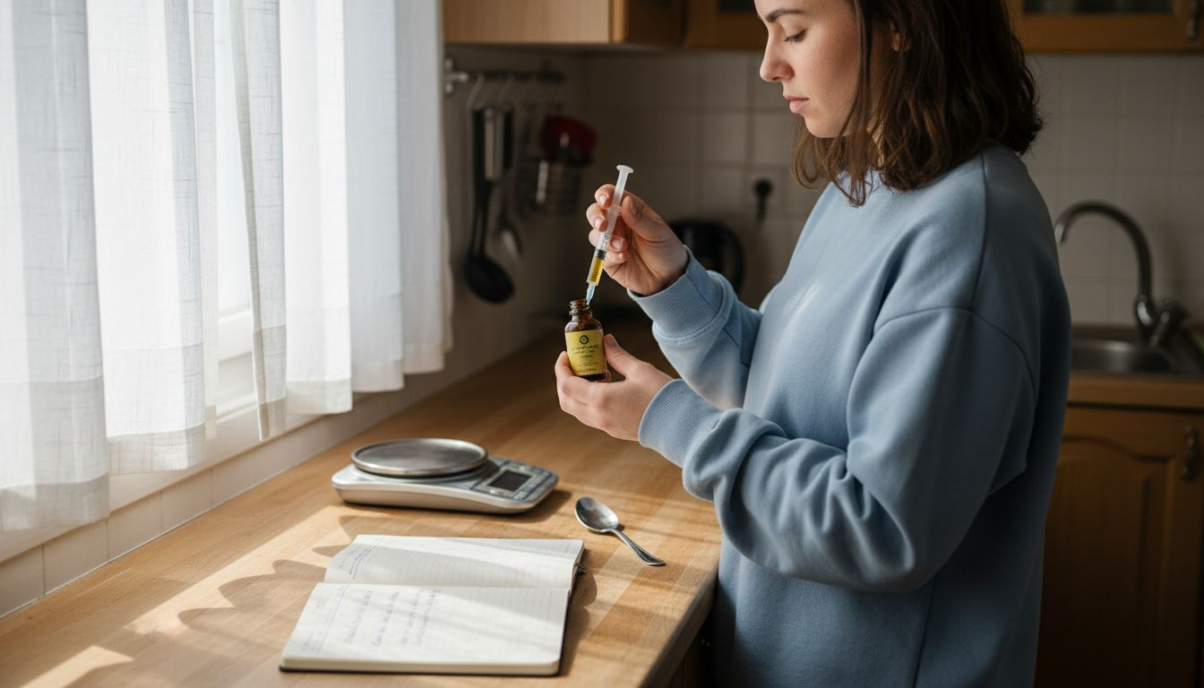Mujer calculando la cantidad exacta de aceite de CBD con una jeringa