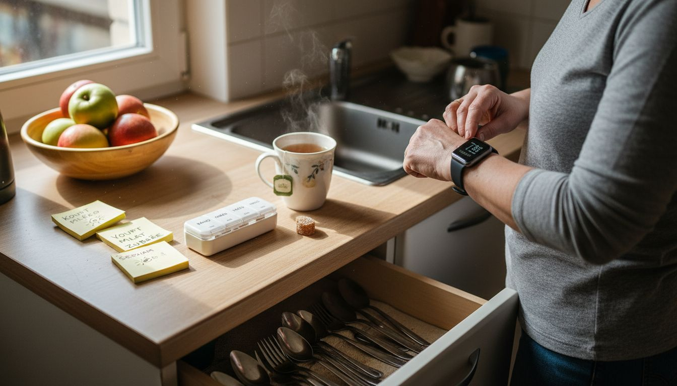 Žena si v kuchyni sestavuje plán, kdy bude během dne užívat CBD.