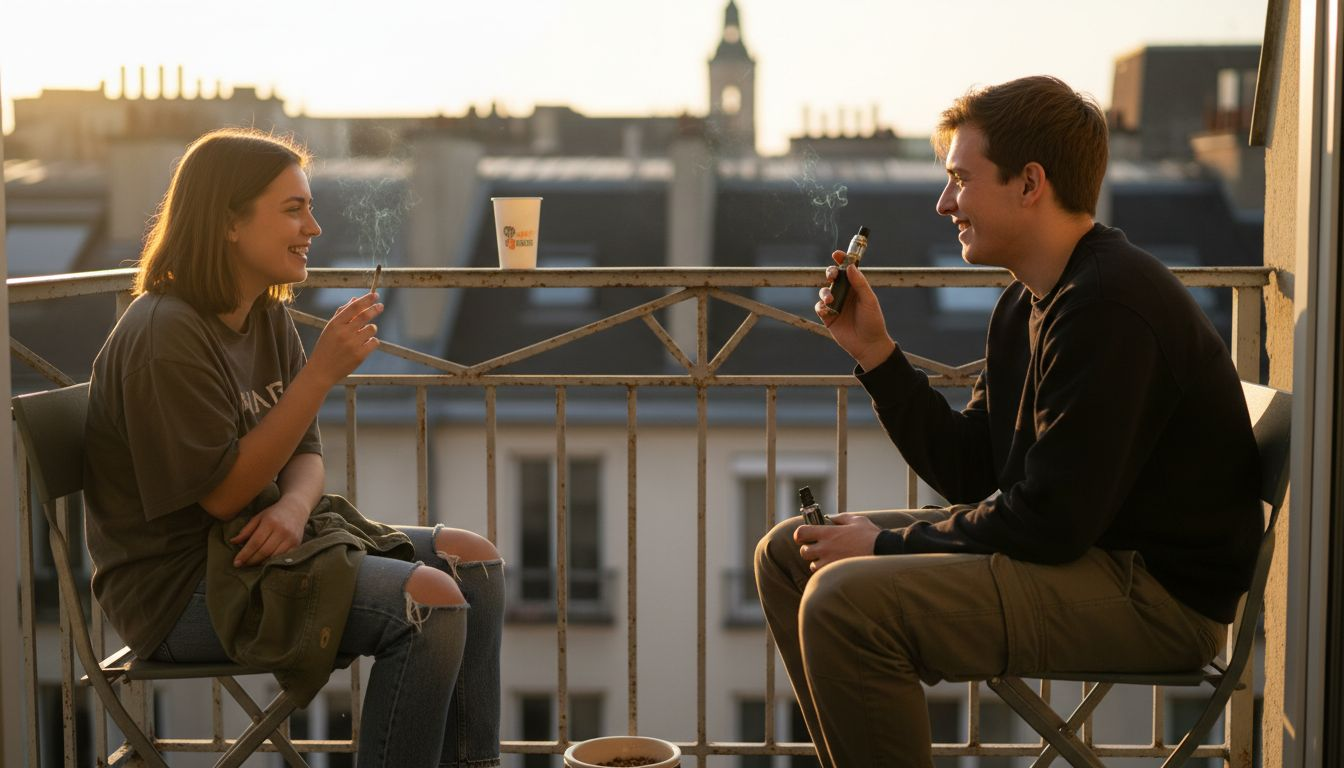 Auf dem Balkon genießen Freunde gemeinsam CBD und Cannabis und tauschen sich über ihre Erfahrungen aus.