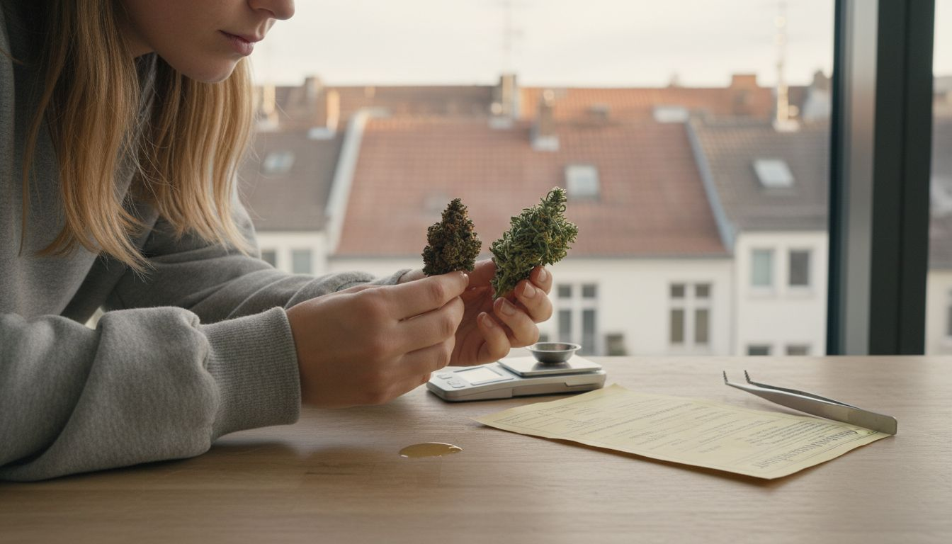 Eine Frau begutachtet und vergleicht zwei verschiedene Cannabisblüten miteinander.