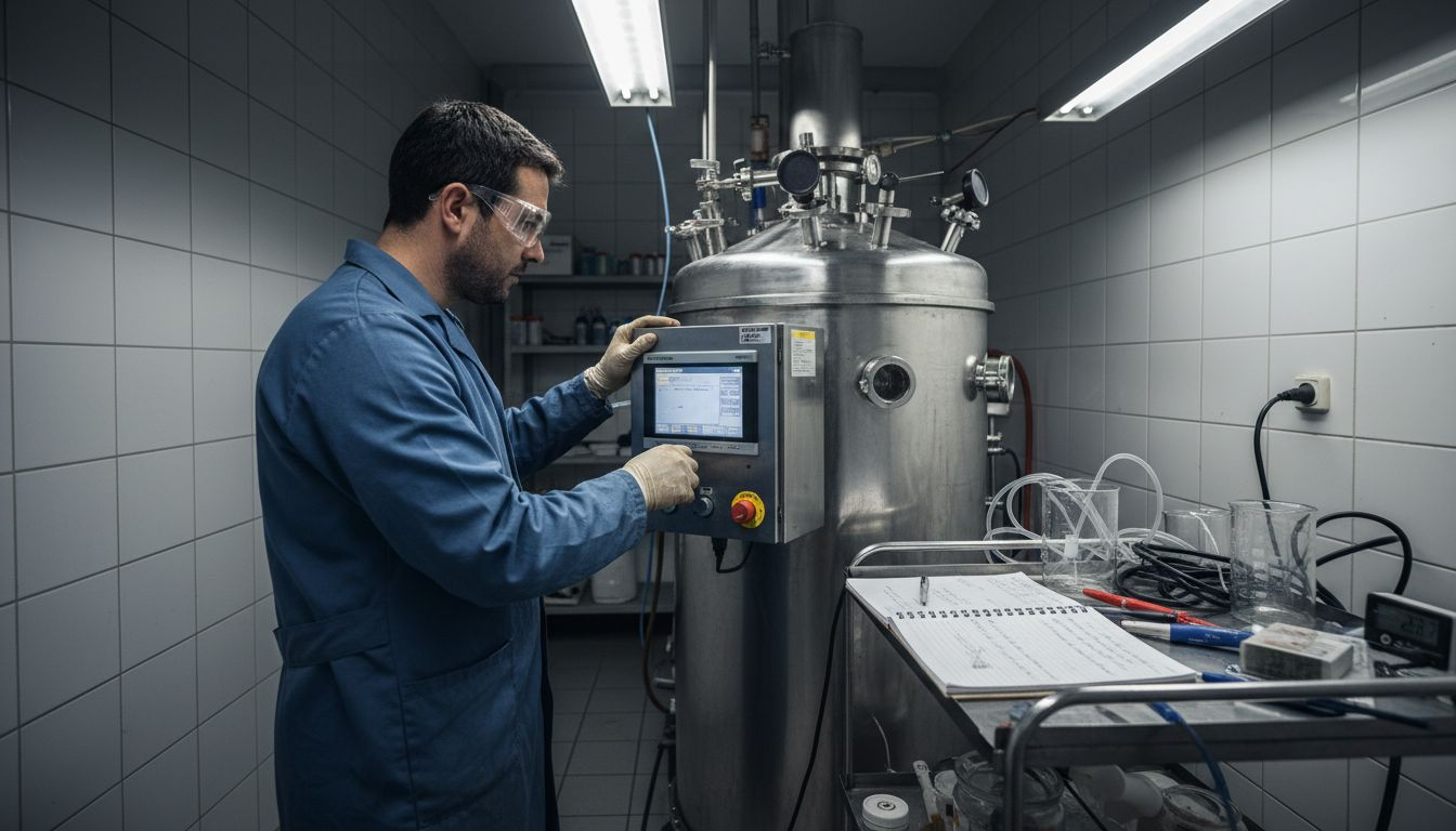 Especialista realizando ajustes en el equipo de extracción con CO2