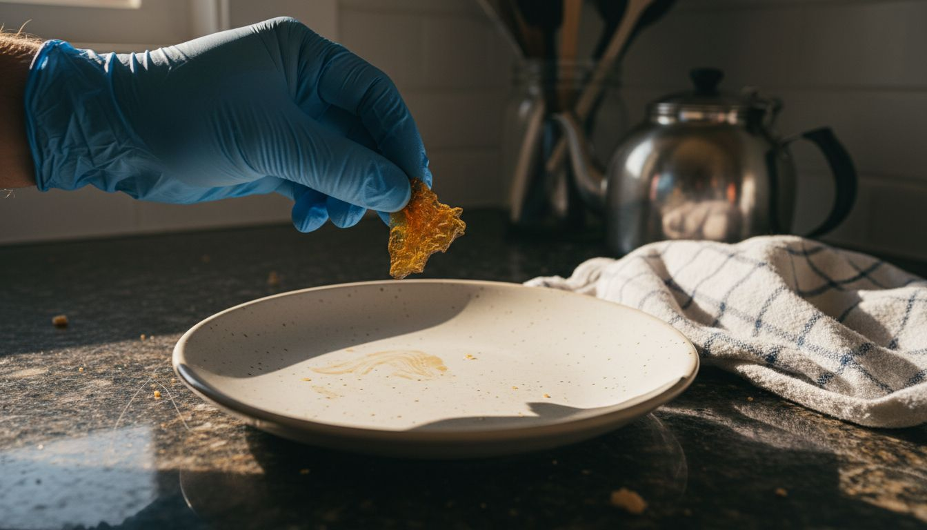 Eine Hand hält ein Stück Cannabis-Shatter und legt es auf einen Teller in der Küche.