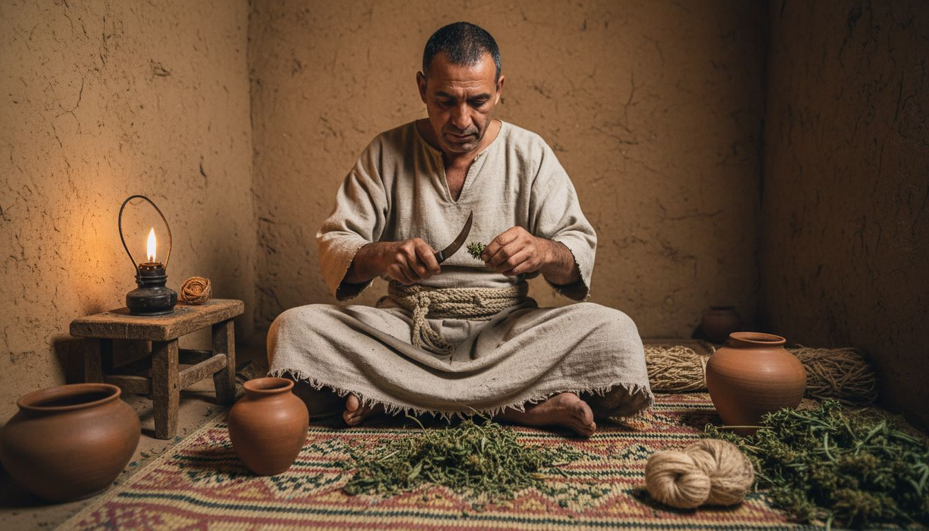 Ein Handwerksmeister bereitet in einem traditionellen Lehmraum antikes Cannabis für die weitere Verarbeitung vor.