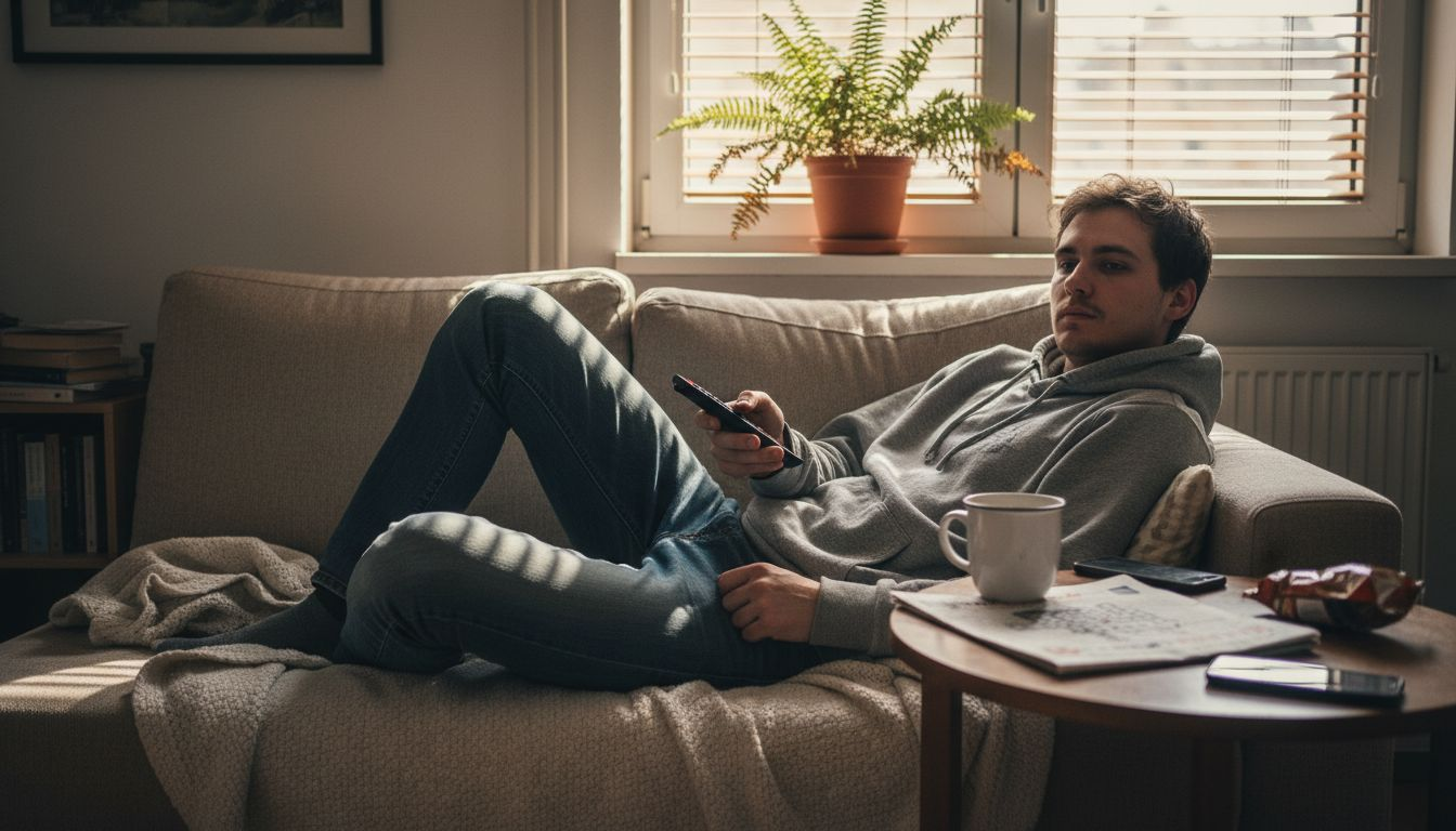 Muž si užívá odpočinek na pohovce zalité denním světlem.