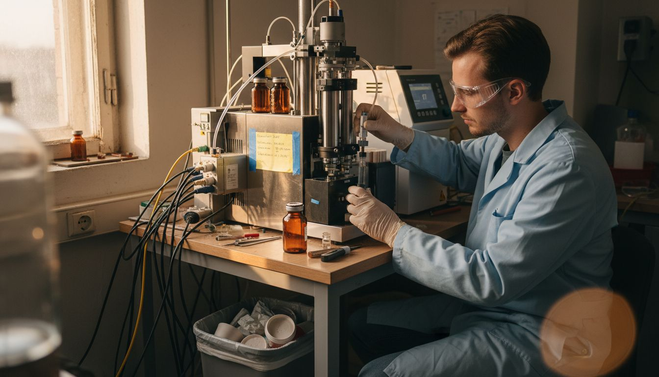 Eine Wissenschaftlerin untersucht Cannabisproben mithilfe eines HPLC-Geräts, um deren Inhaltsstoffe genau zu analysieren.