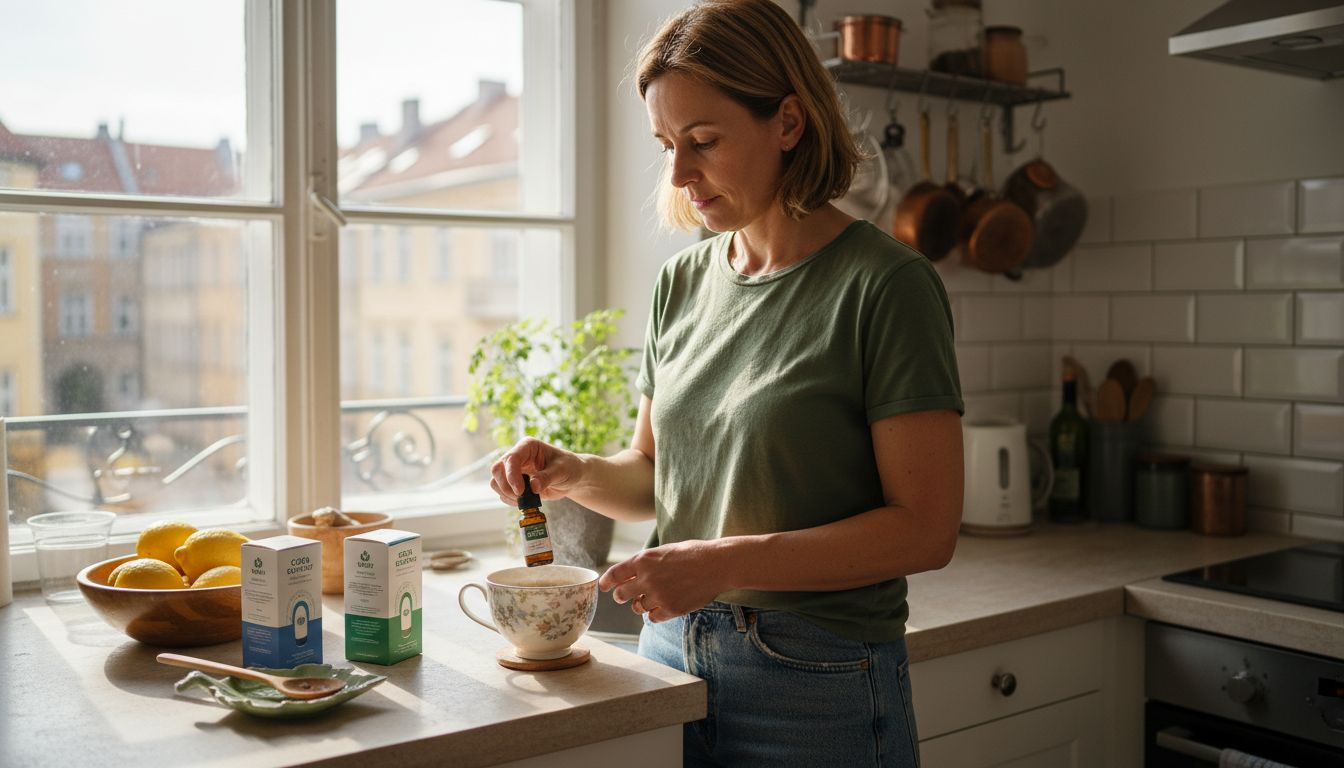 Žena si doma v kuchyni připravuje vlastní CBD olej.