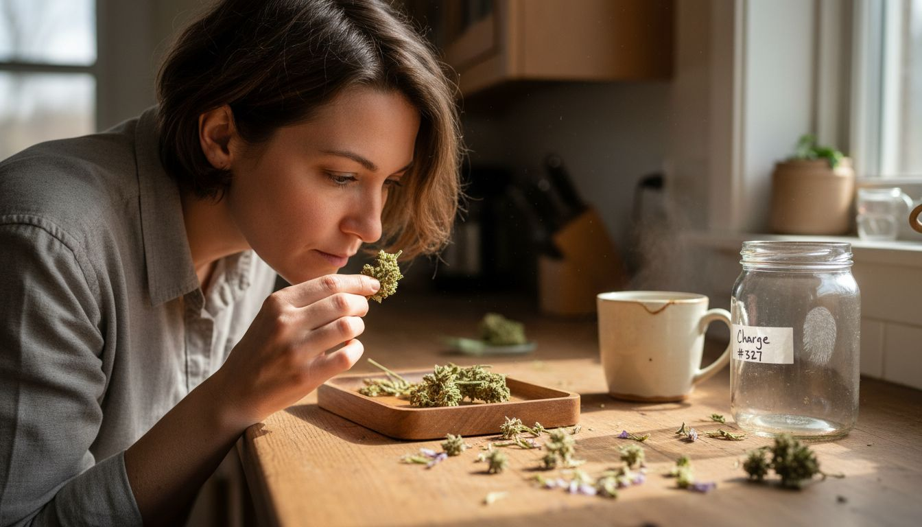 Eine Frau prüft zuhause die Qualität ihrer CBD-Blüten.
