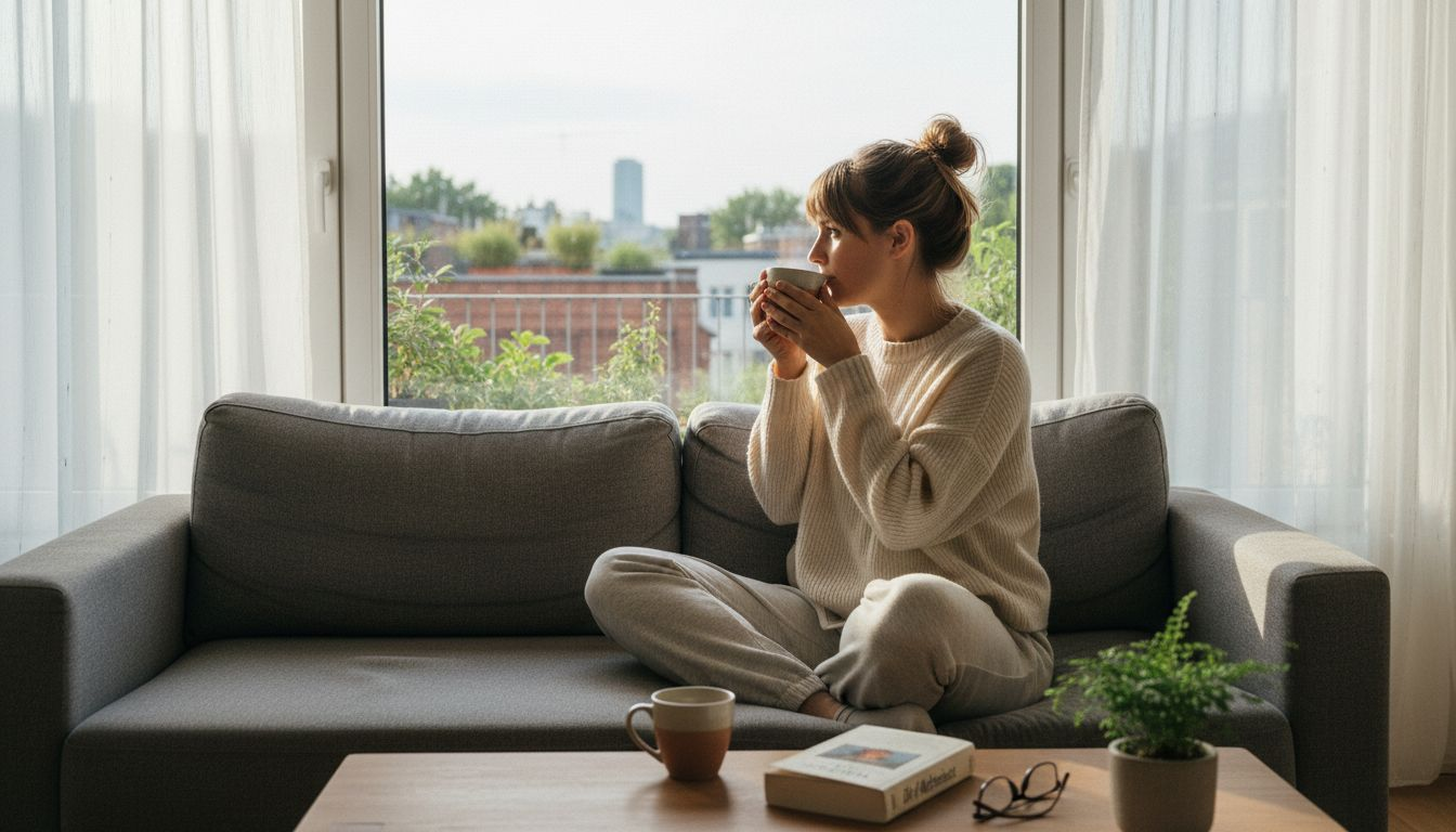 Eine Frau macht es sich auf dem Sofa gemütlich, genießt eine Tasse Tee und vertieft sich in ein gutes Buch.