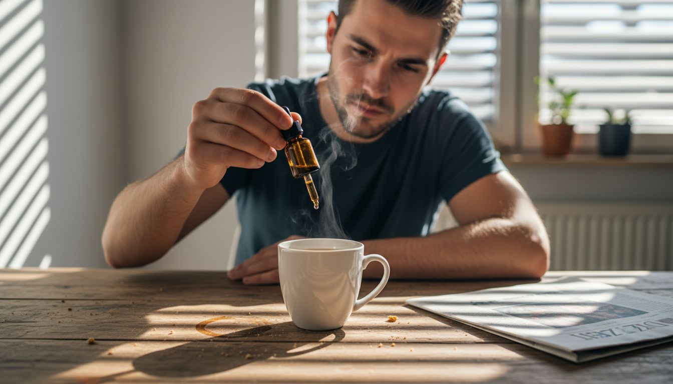 Ein Mann gibt ein paar Tropfen CBD-Öl in seinen Morgenkaffee.