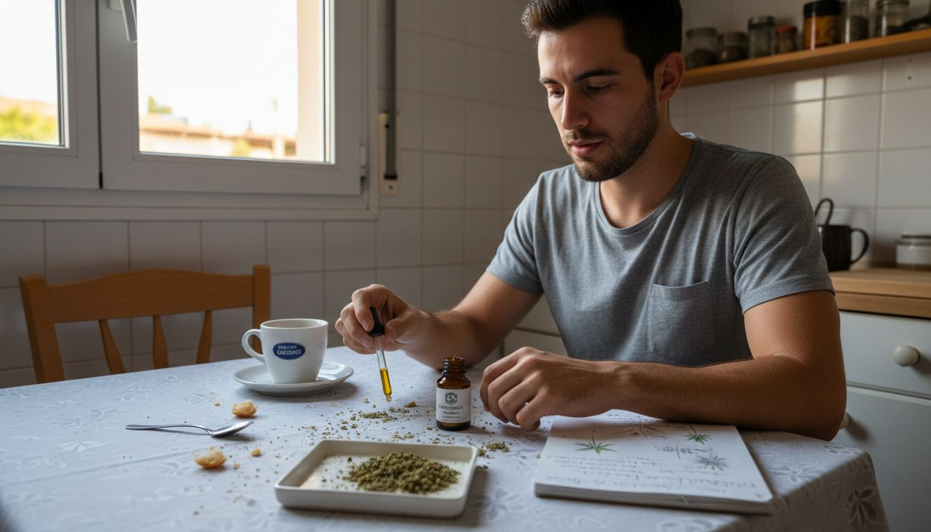 Un hombre observa y compara diferentes productos de cannabis en busca de cuál elegir.