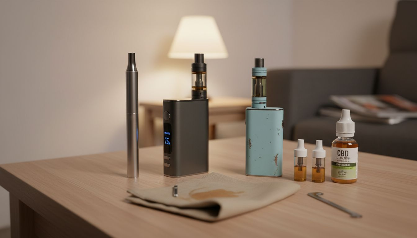 Varios dispositivos de vapeo con CBD colocados sobre la mesa