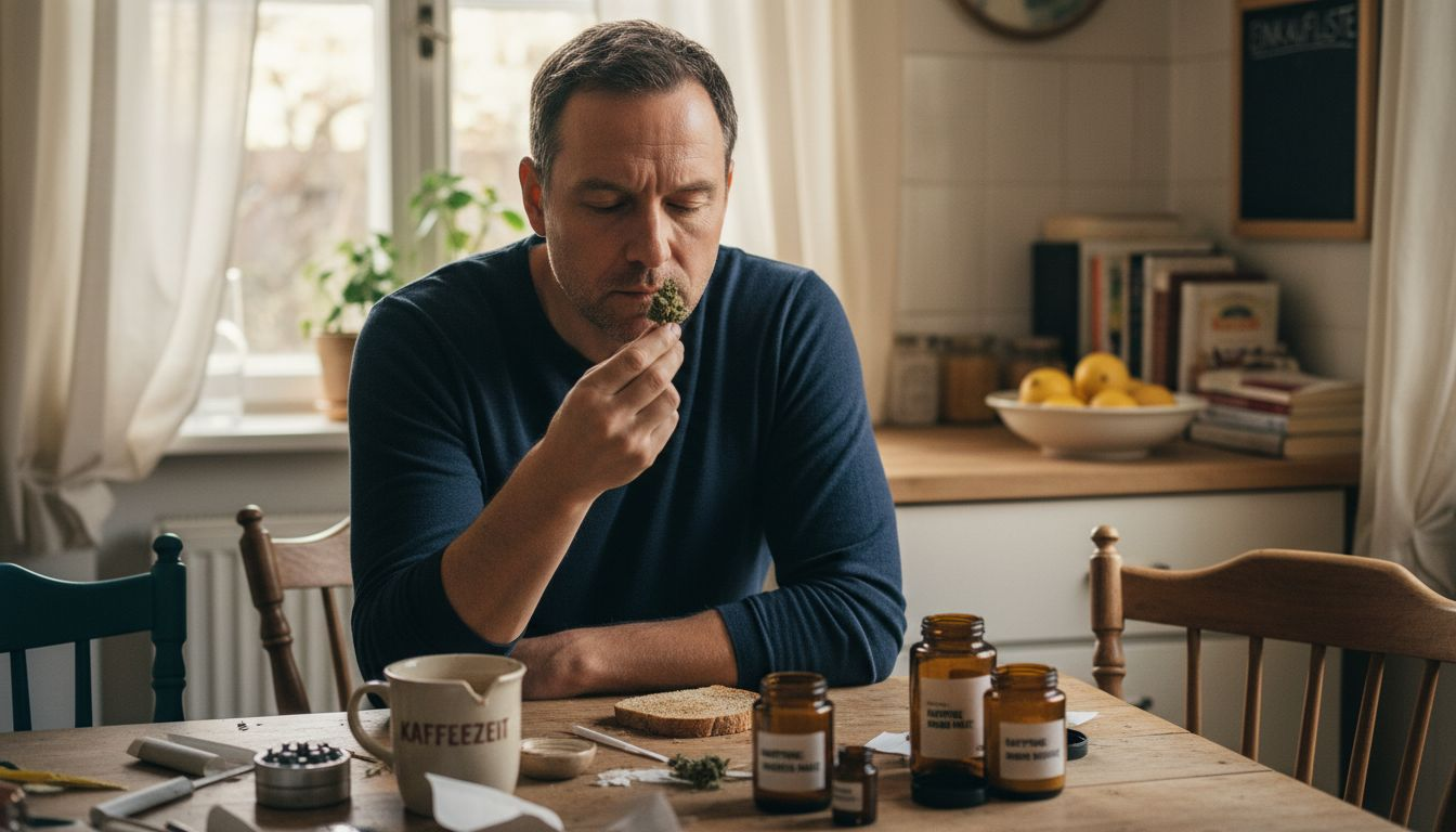 Ein Mann sitzt am Küchentisch und schnuppert neugierig an einer frischen Cannabispflanze.