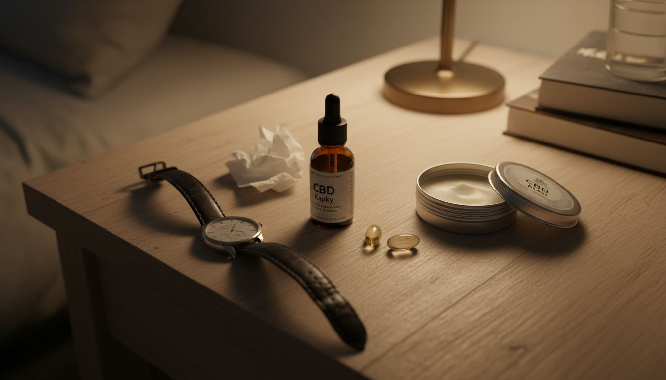 Na nočním stolku jsou rozložené různé druhy CBD produktů.