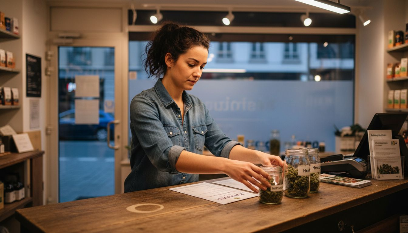 Die Verkäuferin zeigt die CBD-Zertifikate vor, damit sich die Kunden von der Qualität und Sicherheit der Produkte überzeugen können.