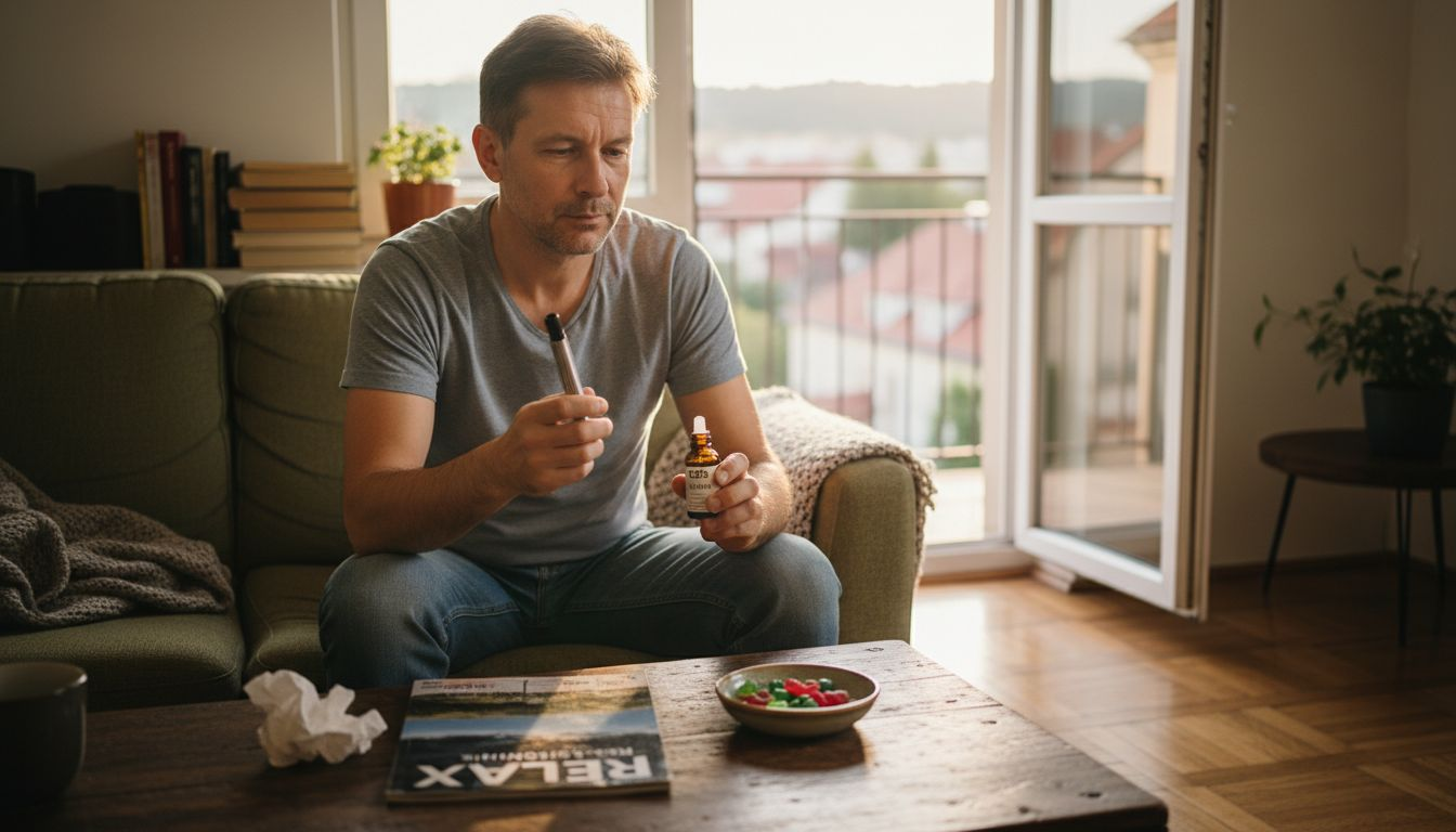 Muž doma zkoumá různé možnosti užívání CBD a přemýšlí, která forma mu bude nejlépe vyhovovat.