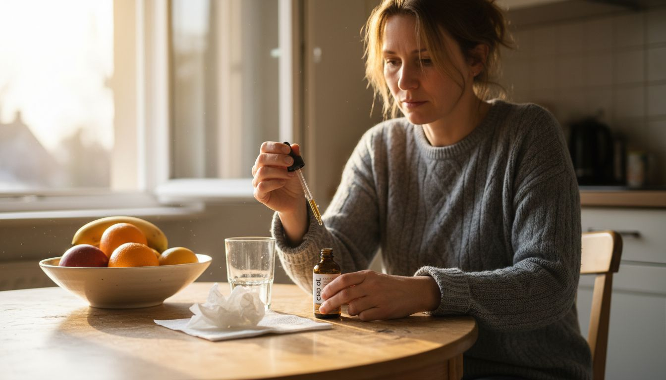Eine Frau sitzt am Küchentisch und bereitet CBD-Öltropfen vor.