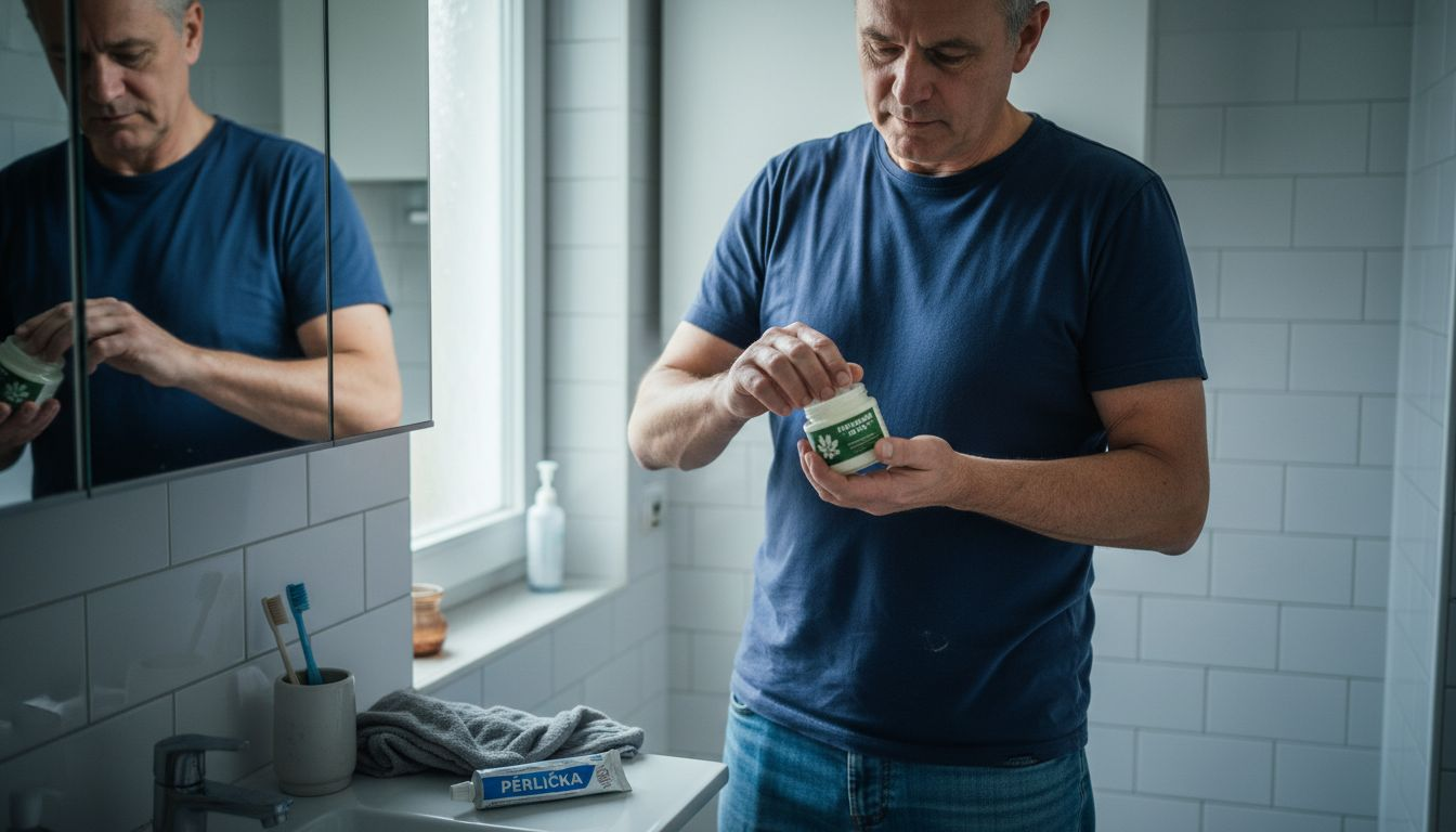 Muž si v koupelně nanáší konopný balzám na pokožku.