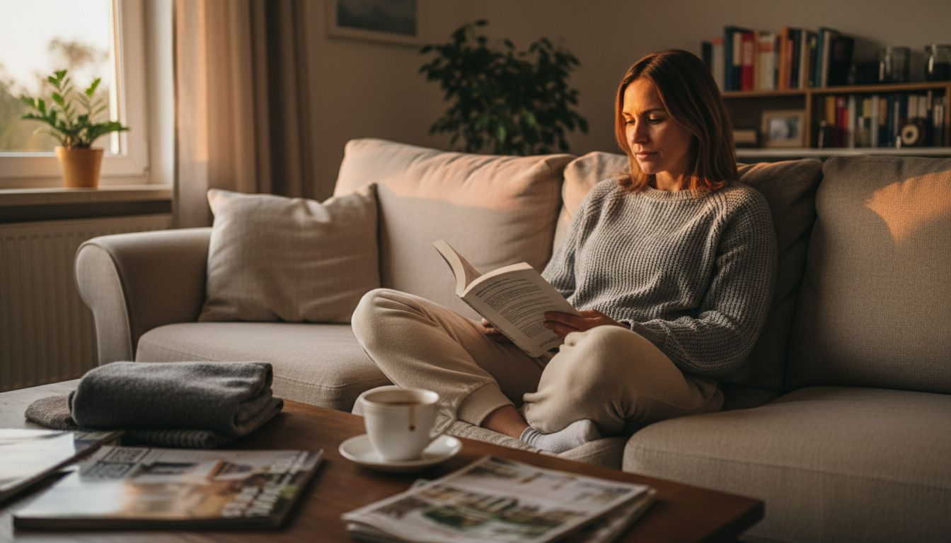 Una mujer disfruta de una tranquila lectura mientras se informa sobre los beneficios del CBD.