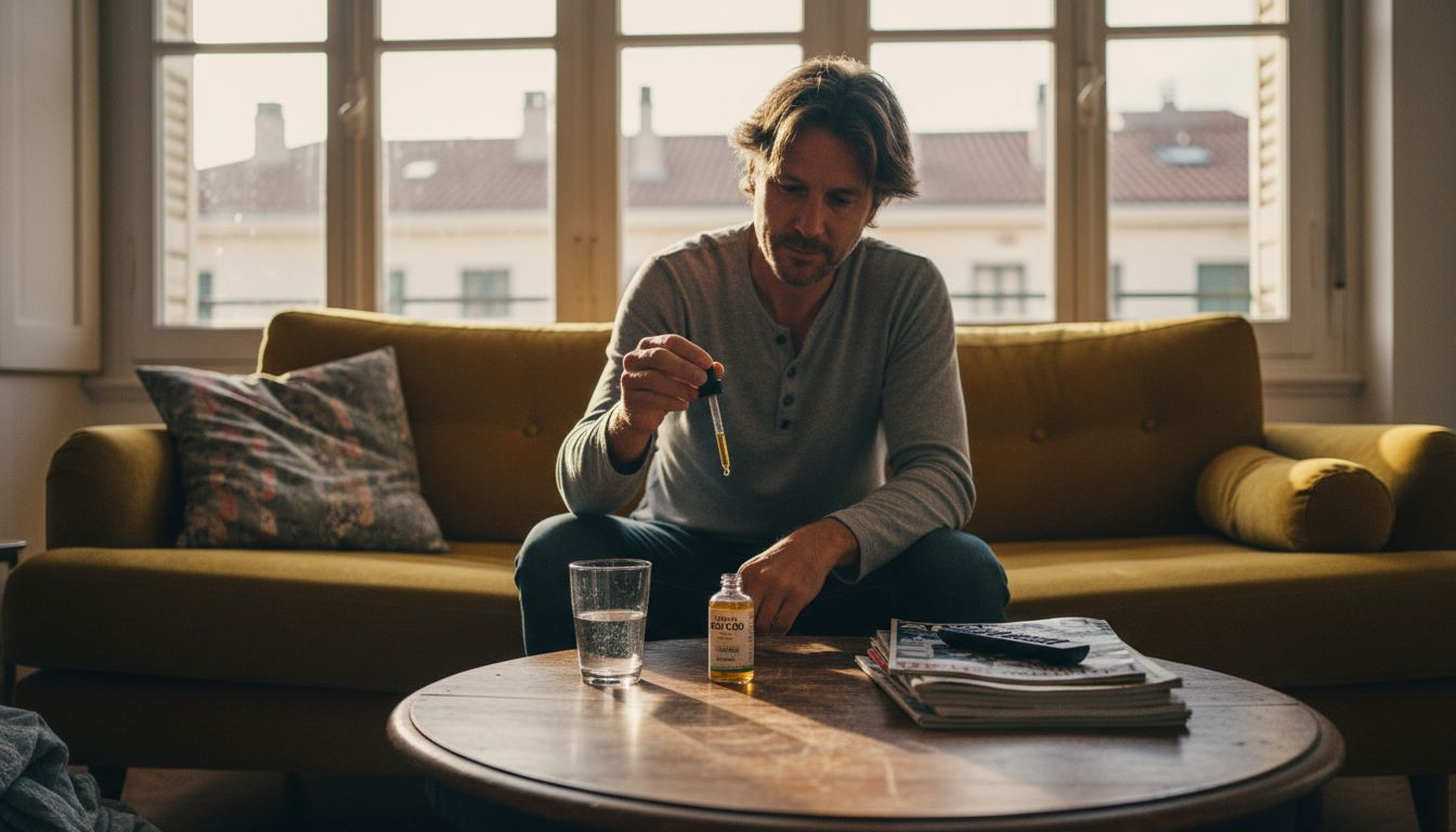 Una persona relajándose en casa mientras toma CBD
