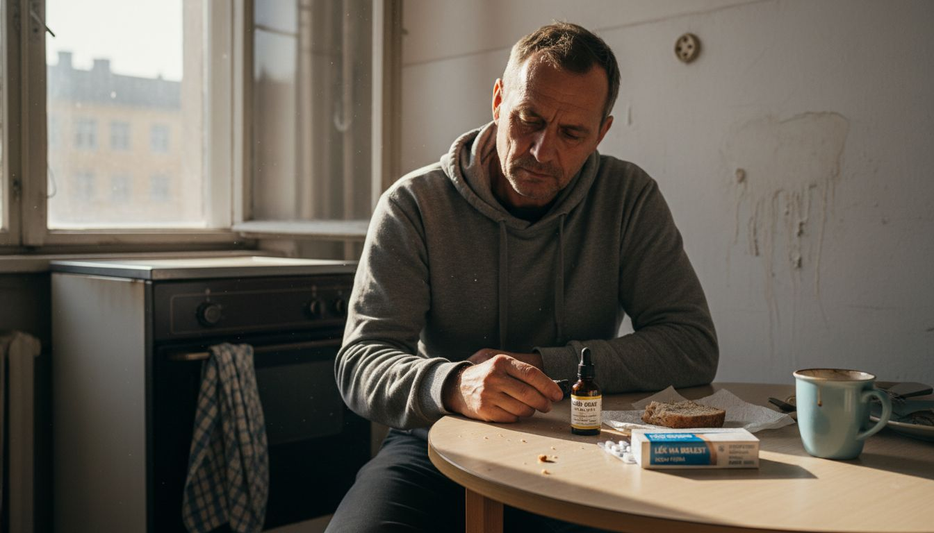 Muž sedí u stolu a přemýšlí, jestli zvolit CBD olej, nebo raději sáhnout po syntetických lécích.
