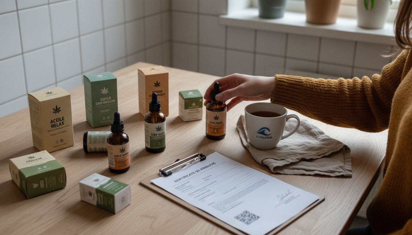 Selección de productos de CBD junto a su certificado de calidad sobre la mesa