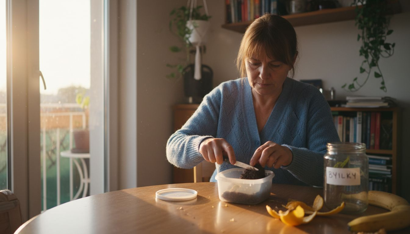 Člověk u stolu si rozděluje porci jídla.