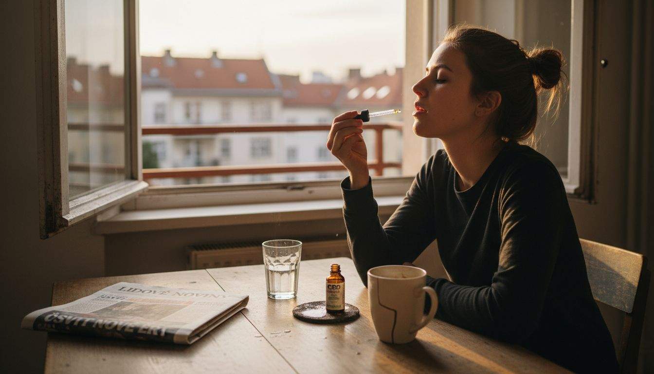 Žena si kape CBD olej pod jazyk.