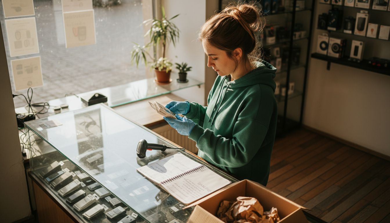 Prodavačka pečlivě kontroluje CBD produkty v obchodě.