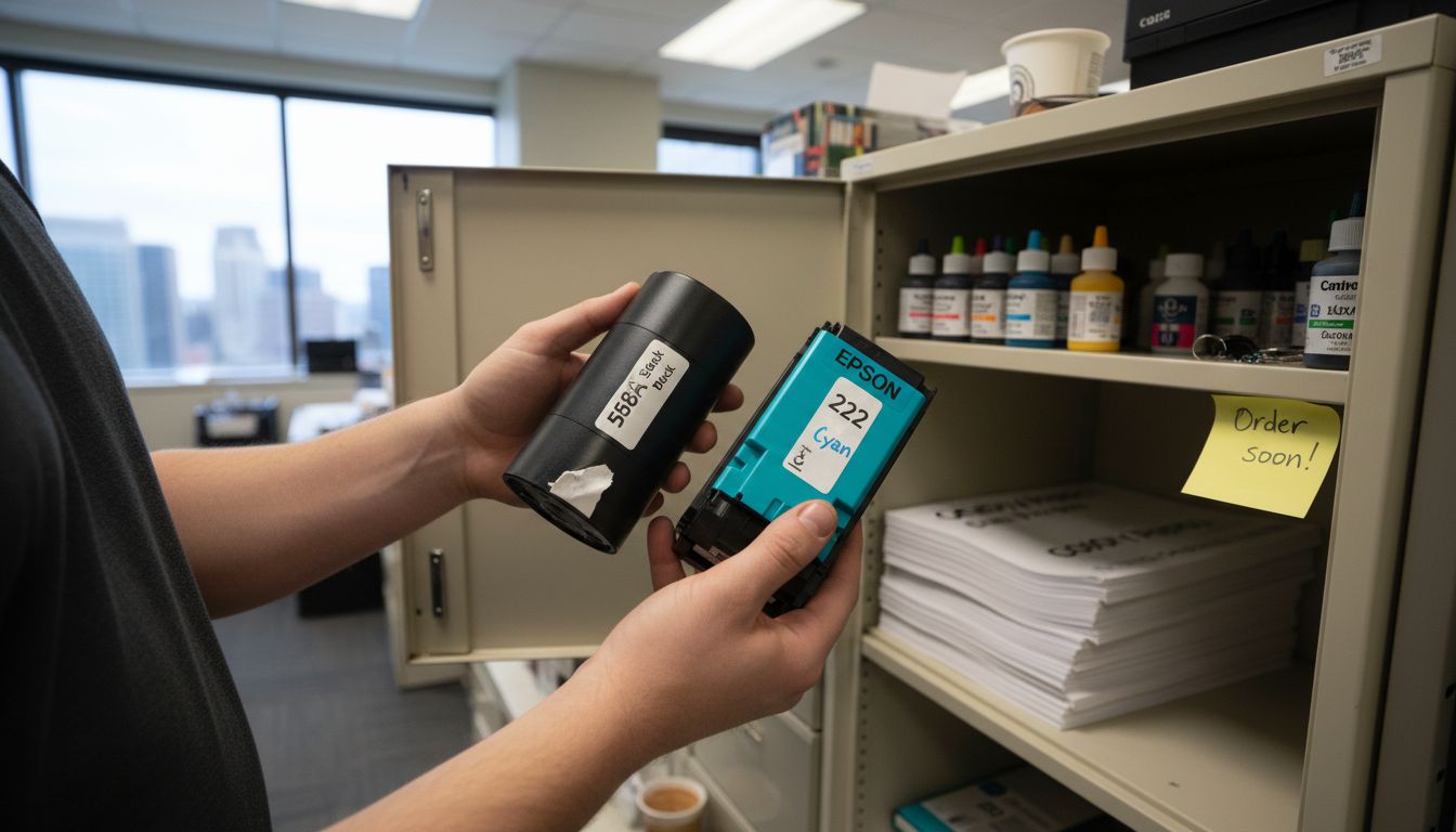 Hands comparing toner cartridges in supply room